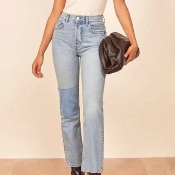 Reformation Tahoe Cynthia Patch High Rise Straight Button Fly Denim Jeans - Picture 3 of 15
